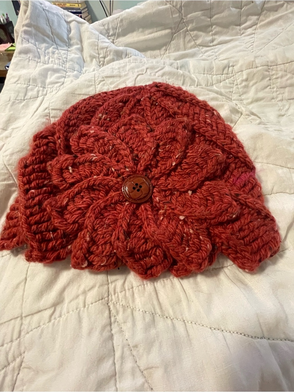 Cozy Red Cable-Knit Flower Beanie with Button Accent